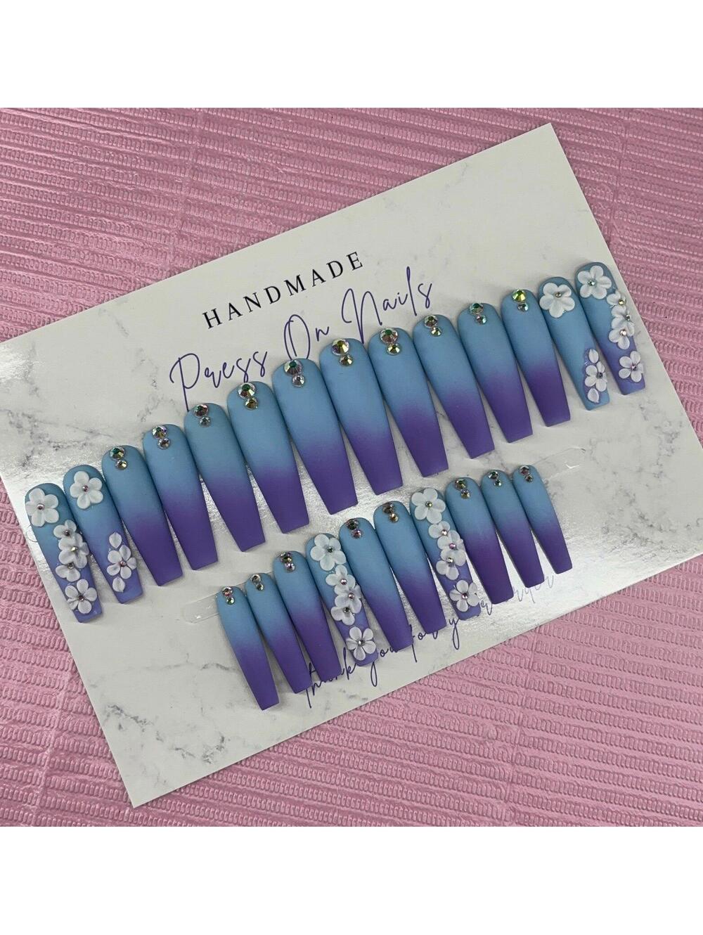 Extra long coffin press on nails blue purple ombré matte acrylic Flowers